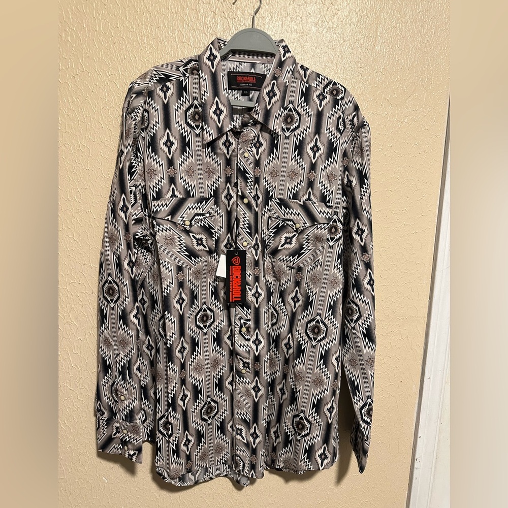 Rock & Roll Denim Southwestern Long Sleeve Pearl Snap Stretch Western Shirt XL - Picture 3 of 8